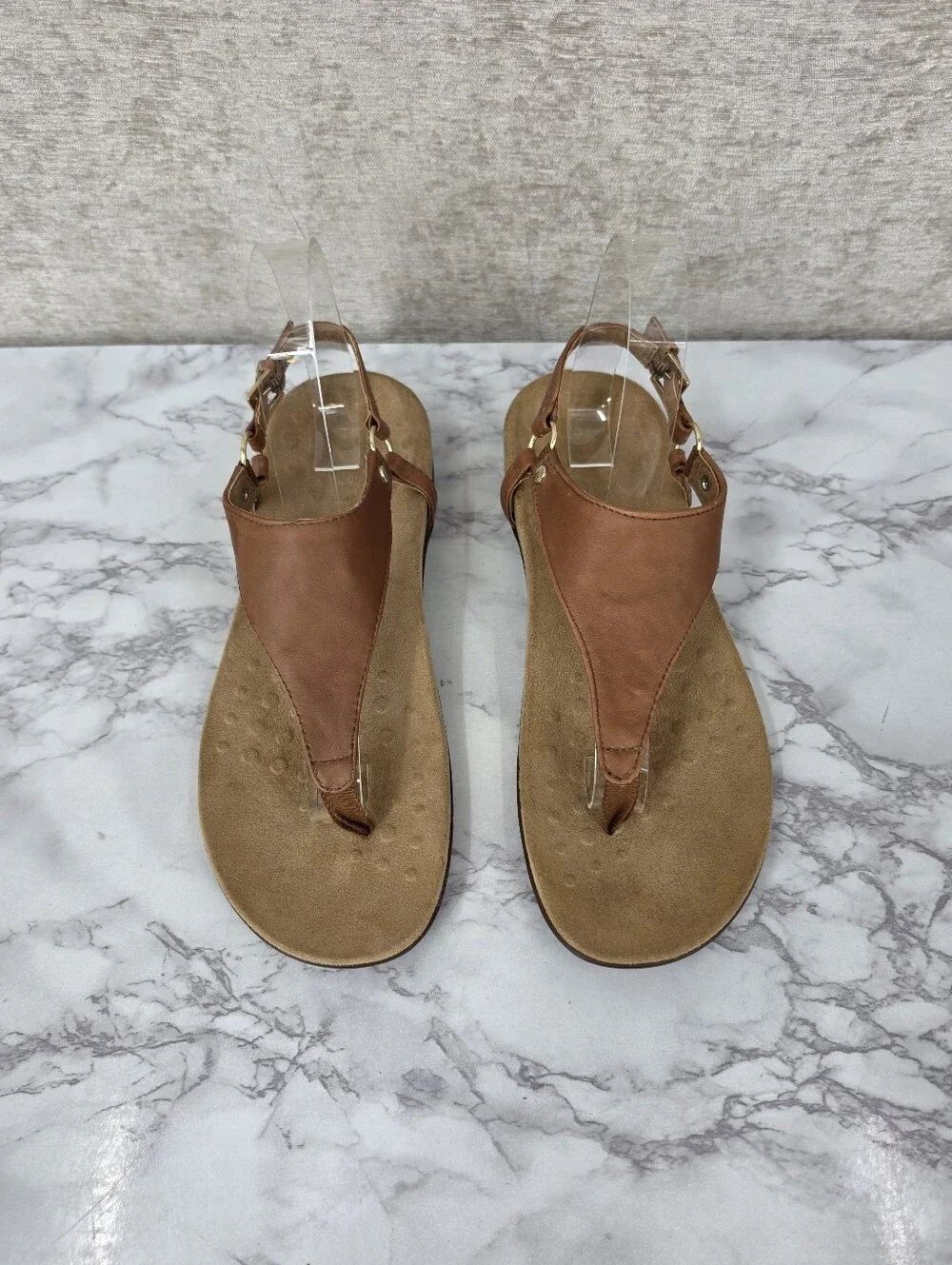 Vionic Kirra Brown Leather Thong Sandals Tie Post